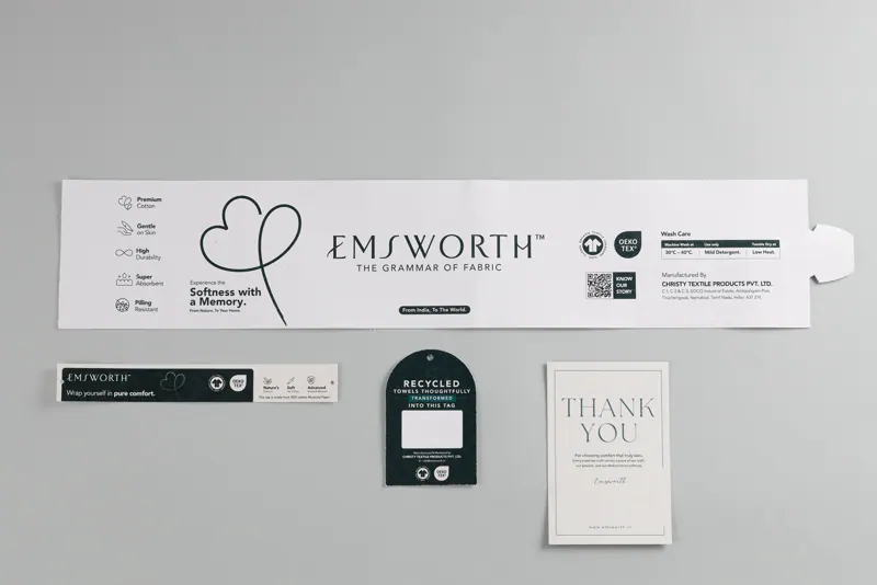 Emsworth branded packaging, belly band, swing tag and thank-you card